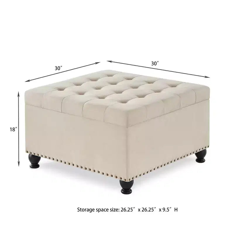 TUYOHW 30 Square Storage Ottoman with Button Tufted & Nail Trims Upholstered Foot Stool with Wooden Legs for Living Room, Bedroom, Entryway