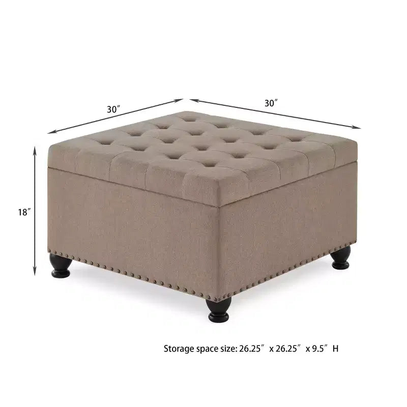 TUYOHW 30 Square Storage Ottoman with Button Tufted & Nail Trims Upholstered Foot Stool with Wooden Legs for Living Room, Bedroom, Entryway