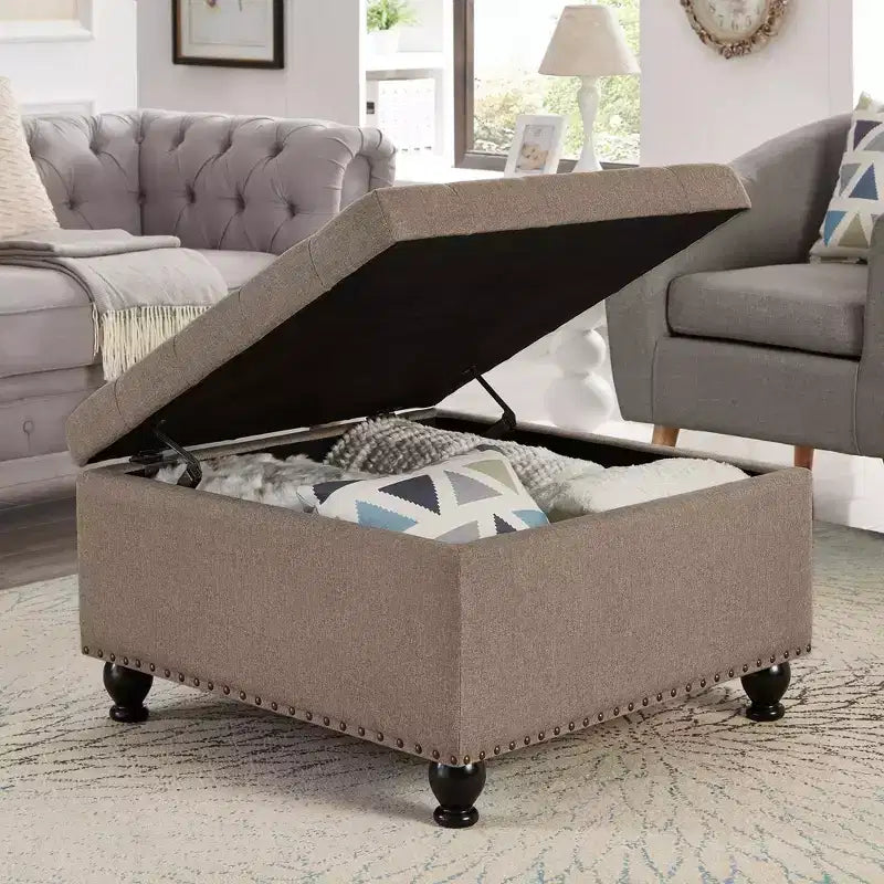 TUYOHW 30 Square Storage Ottoman with Button Tufted & Nail Trims Upholstered Foot Stool with Wooden Legs for Living Room, Bedroom, Entryway