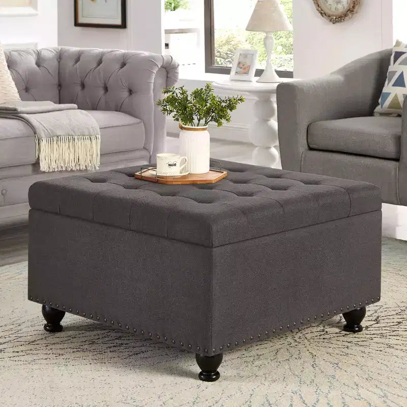TUYOHW 30 Square Storage Ottoman with Button Tufted & Nail Trims Upholstered Foot Stool with Wooden Legs for Living Room, Bedroom, Entryway