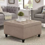 TUYOHW 30 Square Storage Ottoman with Button Tufted & Nail Trims Upholstered Foot Stool with Wooden Legs for Living Room, Bedroom, Entryway