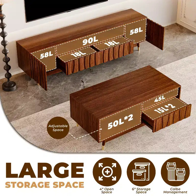 Meuble TV et Table Basse en Bois ATJafurn, Ensemble Meuble TV Moderne du Milieu du Siècle avec Rangement et Tiroir pour Salon, Console Multimédia jusqu'à 75 Pouces