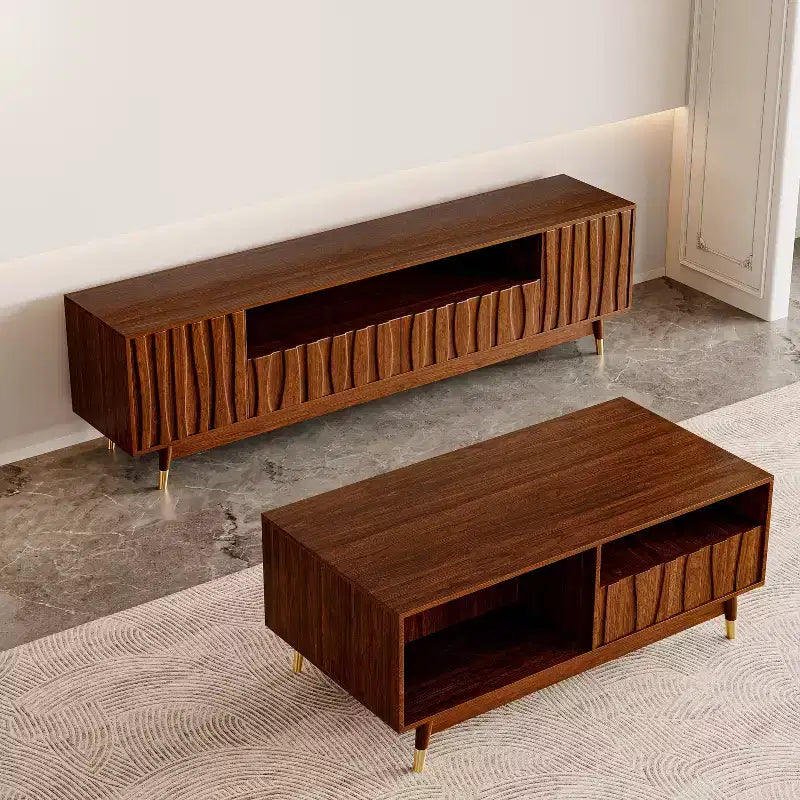 Meuble TV et Table Basse en Bois ATJafurn, Ensemble Meuble TV Moderne du Milieu du Siècle avec Rangement et Tiroir pour Salon, Console Multimédia jusqu'à 75 Pouces