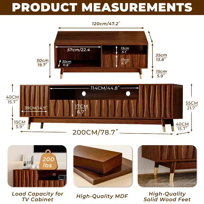 Meuble TV et Table Basse en Bois ATJafurn, Ensemble Meuble TV Moderne du Milieu du Siècle avec Rangement et Tiroir pour Salon, Console Multimédia jusqu'à 75 Pouces