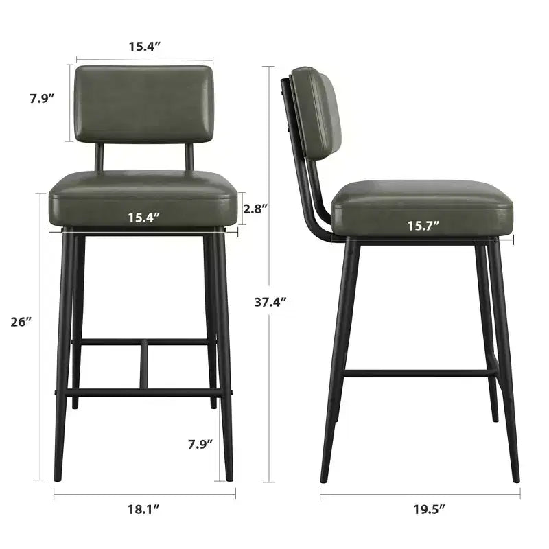 Bar Stools Set of 2, 26 Counter Height Bar Stools with Backs, Modern Faux Leather Upholstered Bar Stools with Metal Legs for Kitchen Island, Home Bar