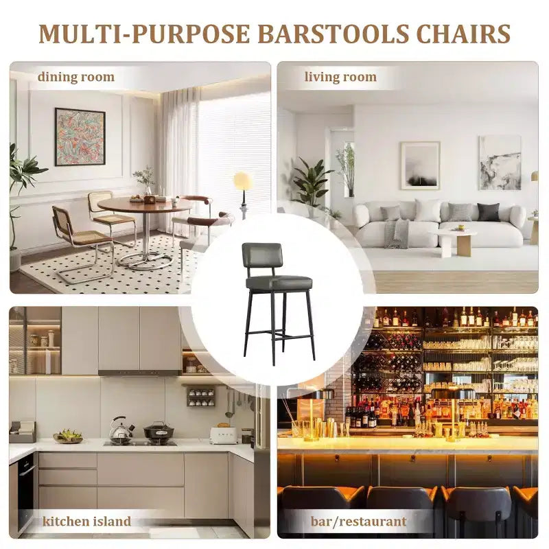 Bar Stools Set of 2, 26 Counter Height Bar Stools with Backs, Modern Faux Leather Upholstered Bar Stools with Metal Legs for Kitchen Island, Home Bar