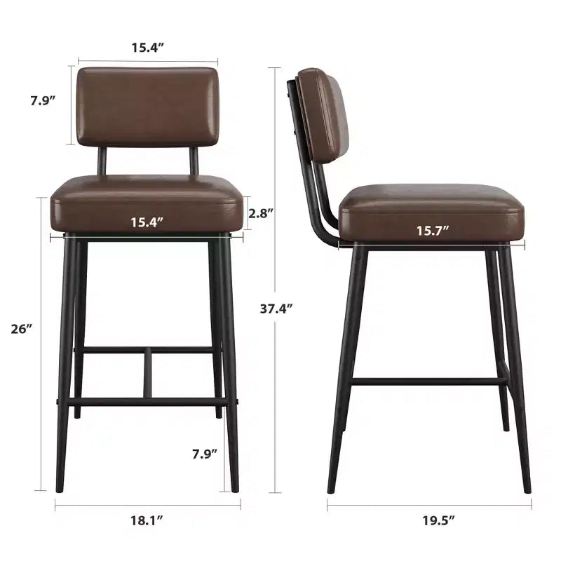 Bar Stools Set of 2, 26 Counter Height Bar Stools with Backs, Modern Faux Leather Upholstered Bar Stools with Metal Legs for Kitchen Island, Home Bar