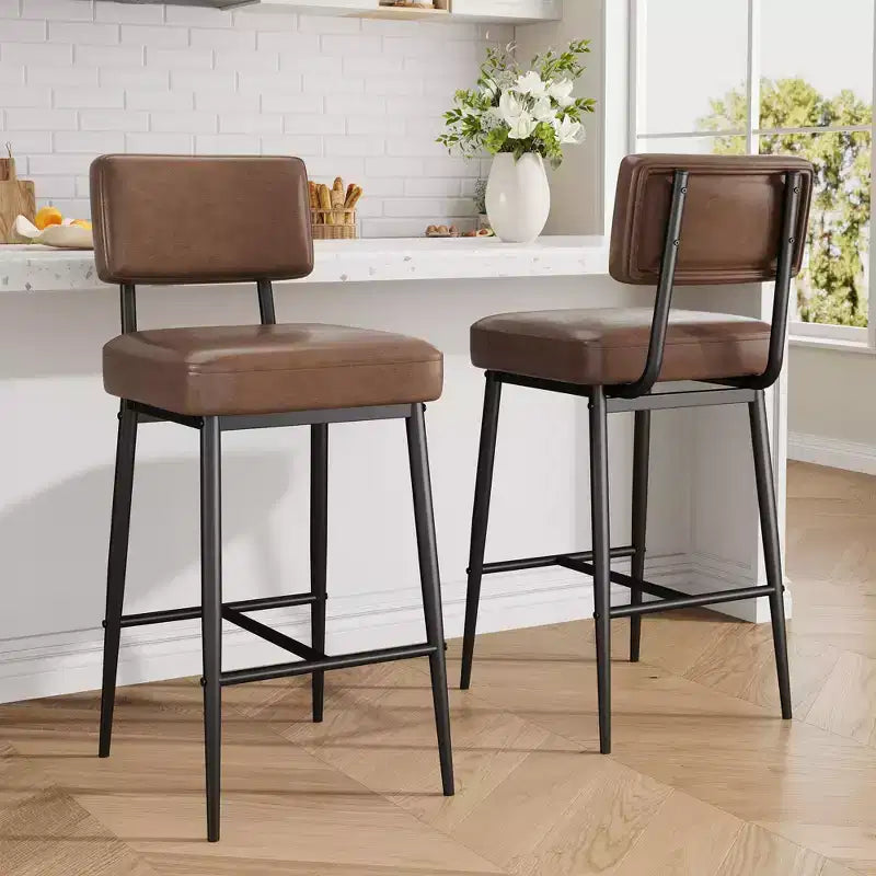 Bar Stools Set of 2, 26 Counter Height Bar Stools with Backs, Modern Faux Leather Upholstered Bar Stools with Metal Legs for Kitchen Island, Home Bar
