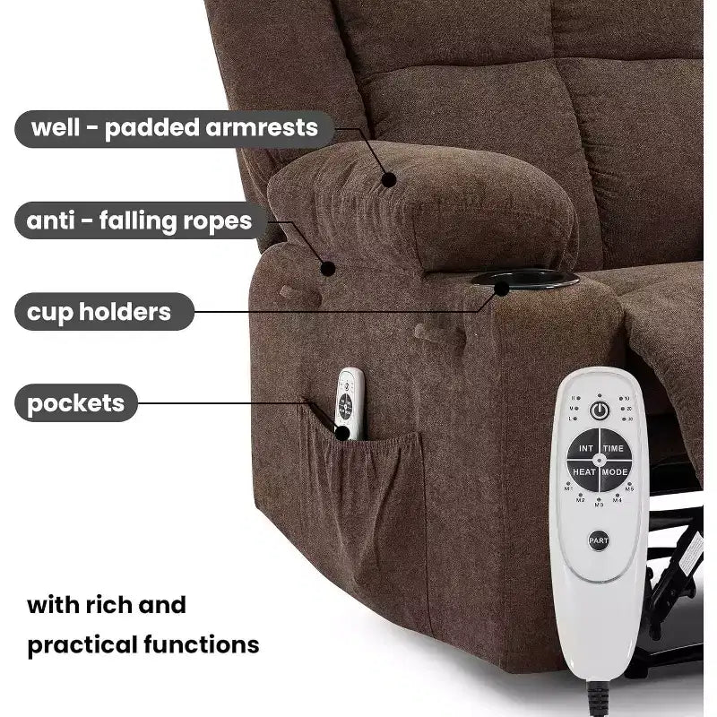 Fauteuil inclinable manuel surdimensionné avec massage par vibrations, inclinaison réglable à 155°, siège large et confortable, pour salon, chambre à coucher