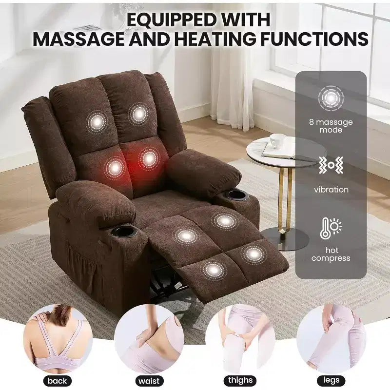 Fauteuil inclinable manuel surdimensionné avec massage par vibrations, inclinaison réglable à 155°, siège large et confortable, pour salon, chambre à coucher