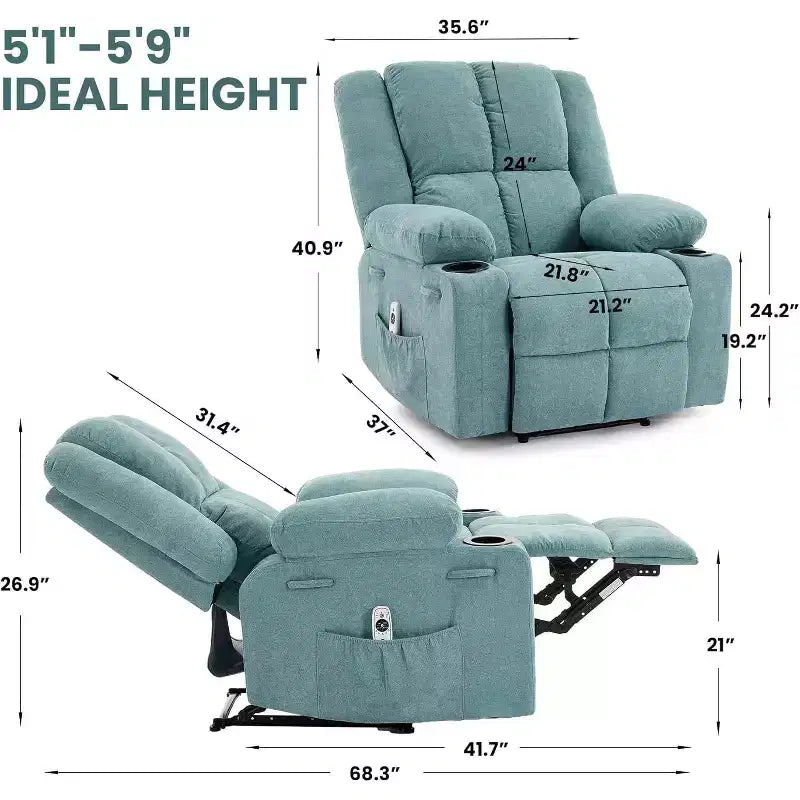 Fauteuil inclinable manuel surdimensionné avec massage par vibrations, inclinaison réglable à 155°, siège large et confortable, pour salon, chambre à coucher