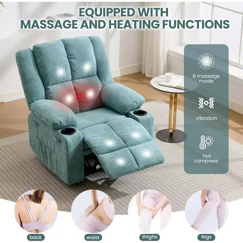 Fauteuil inclinable manuel surdimensionné avec massage par vibrations, inclinaison réglable à 155°, siège large et confortable, pour salon, chambre à coucher