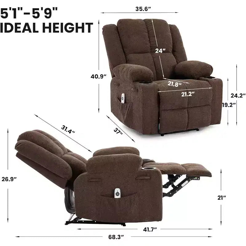 Fauteuil inclinable manuel surdimensionné avec massage par vibrations, inclinaison réglable à 155°, siège large et confortable, pour salon, chambre à coucher
