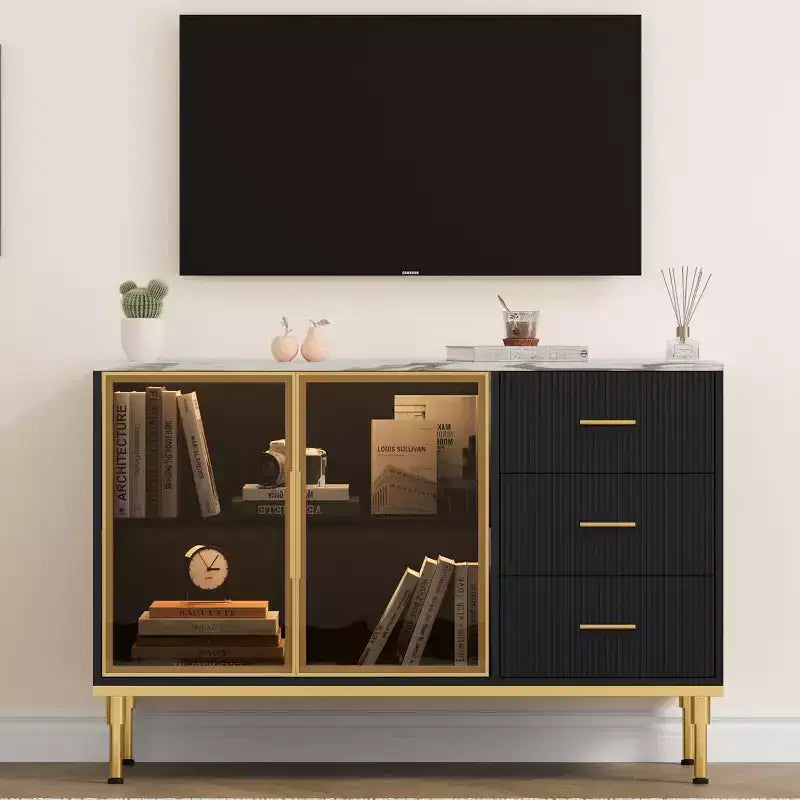 Buffet moderne avec rangement, bahut cannelé avec tiroirs et portes vitrées pour entrée, salon, cuisine