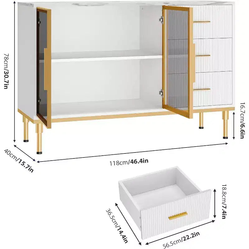 Buffet moderne avec rangement, bahut cannelé avec tiroirs et portes vitrées pour entrée, salon, cuisine