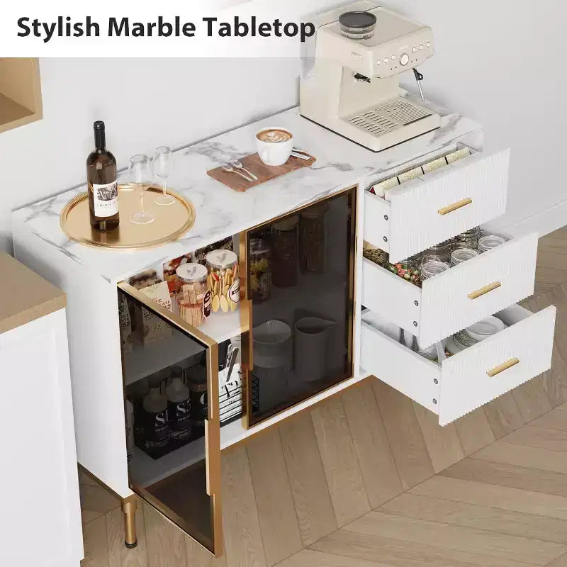 Buffet moderne avec rangement, bahut cannelé avec tiroirs et portes vitrées pour entrée, salon, cuisine
