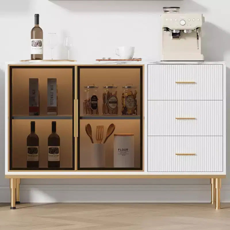 Buffet moderne avec rangement, bahut cannelé avec tiroirs et portes vitrées pour entrée, salon, cuisine