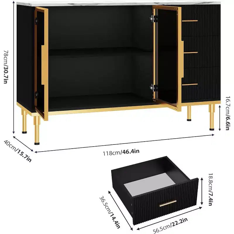 Buffet moderne avec rangement, bahut cannelé avec tiroirs et portes vitrées pour entrée, salon, cuisine