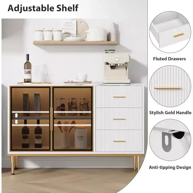 Buffet moderne avec rangement, bahut cannelé avec tiroirs et portes vitrées pour entrée, salon, cuisine