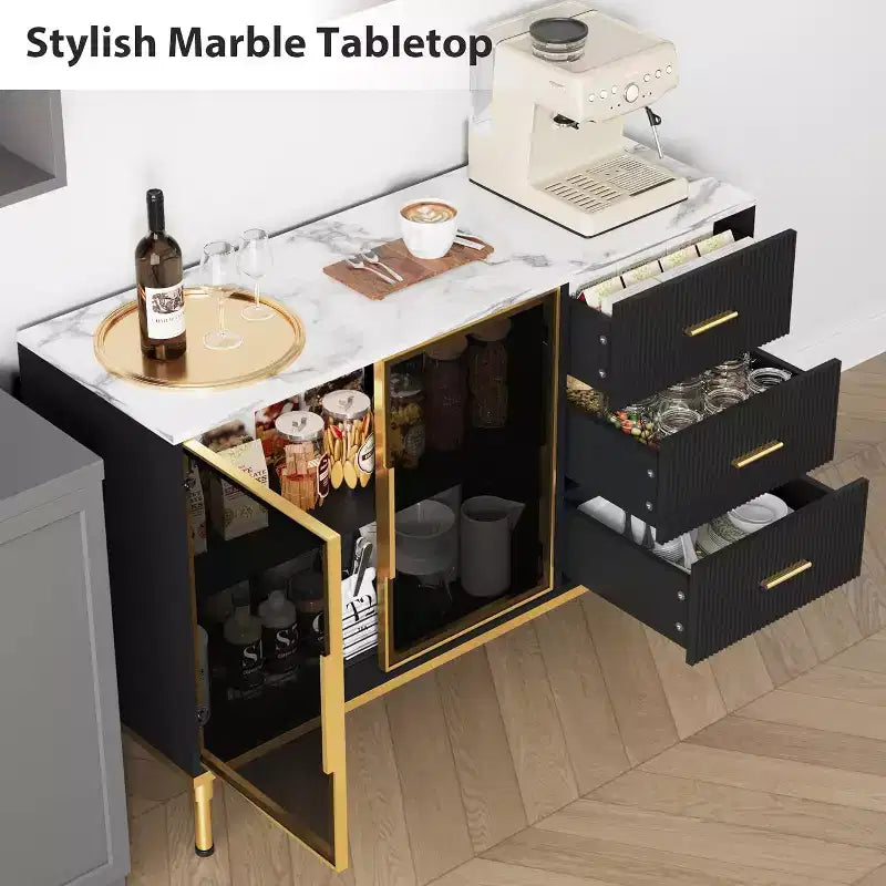 Buffet moderne avec rangement, bahut cannelé avec tiroirs et portes vitrées pour entrée, salon, cuisine