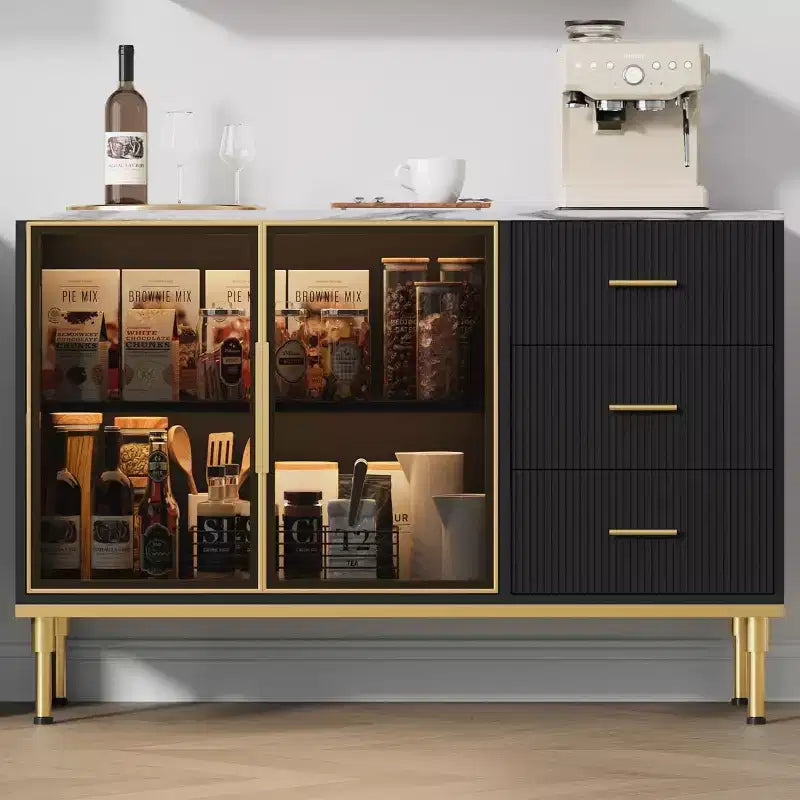 Buffet moderne avec rangement, bahut cannelé avec tiroirs et portes vitrées pour entrée, salon, cuisine