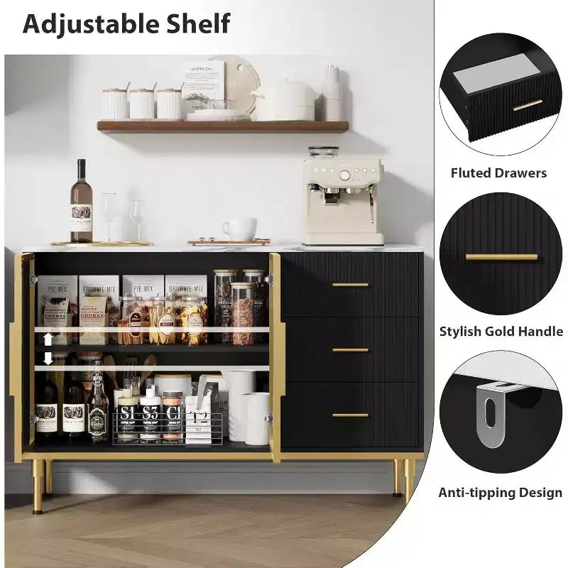 Buffet moderne avec rangement, bahut cannelé avec tiroirs et portes vitrées pour entrée, salon, cuisine
