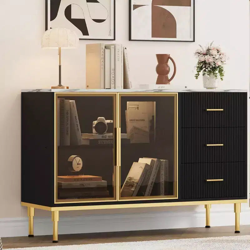 Buffet moderne avec rangement, bahut cannelé avec tiroirs et portes vitrées pour entrée, salon, cuisine