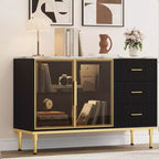 Buffet moderne avec rangement, bahut cannelé avec tiroirs et portes vitrées pour entrée, salon, cuisine