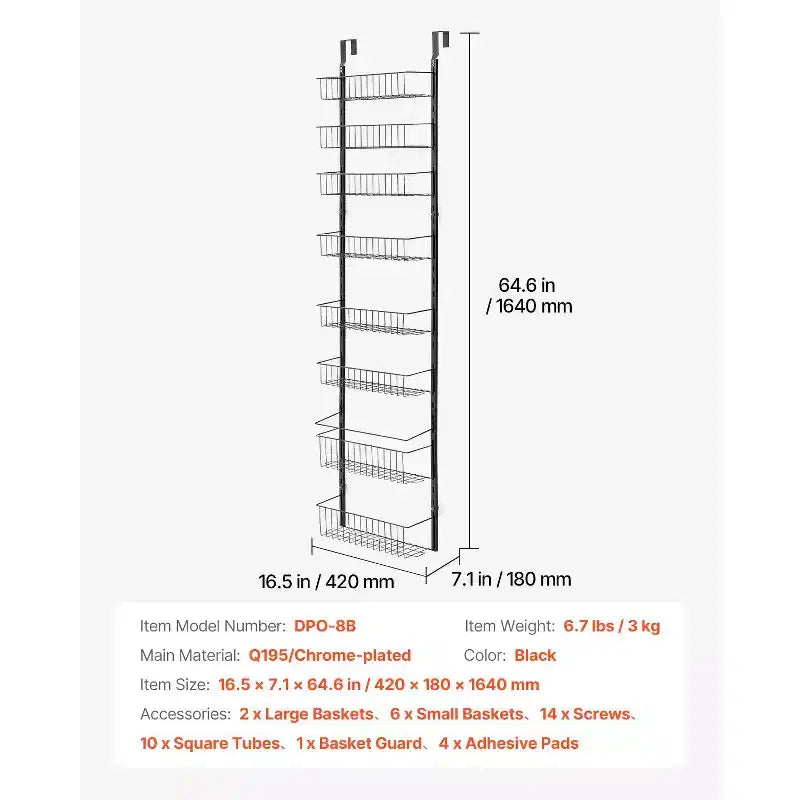 8-Tier Over the Door Pantry Organizer, Adjustable Heavy-Duty Steel Hanging Spice Rack for Kitchen, Bathroom and Laundry Storage, Black