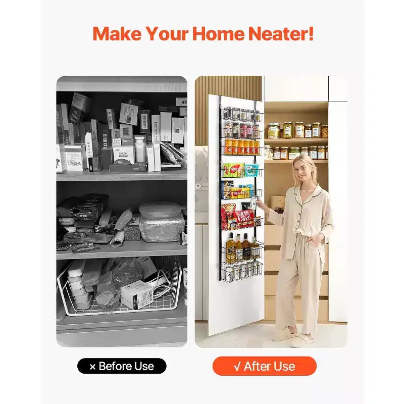 8-Tier Over the Door Pantry Organizer, Adjustable Heavy-Duty Steel Hanging Spice Rack for Kitchen, Bathroom and Laundry Storage, Black