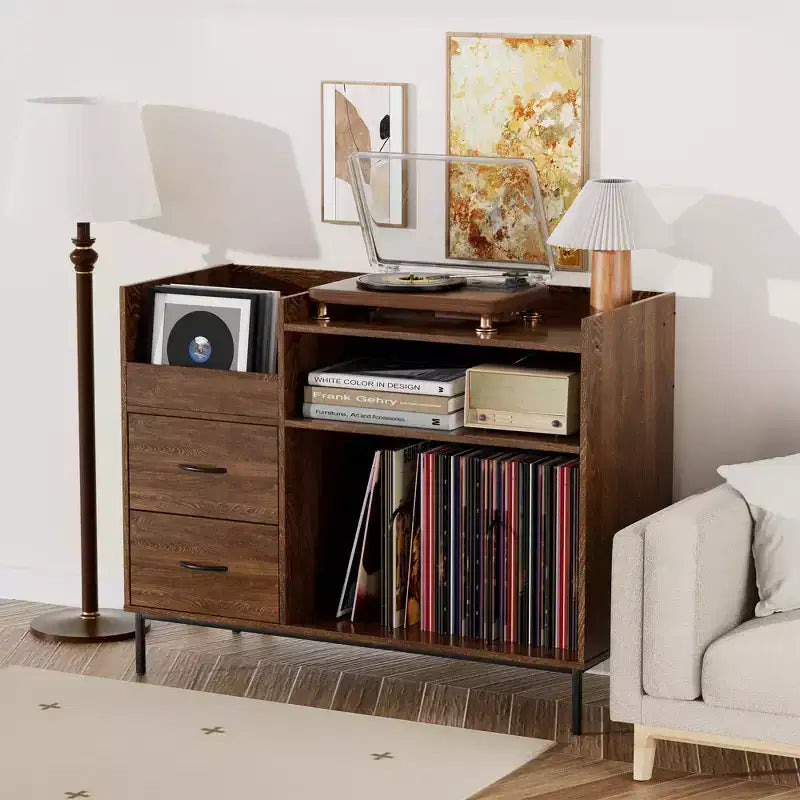 JVNOXK 27.6-inch height-adjustable record shelf, holds 350+ vinyl records, includes speaker stands and 2 drawers, suitable for living rooms