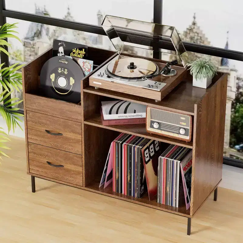 Étagère à disques réglable en hauteur JVNOXK de 70 cm, pouvant contenir plus de 350 vinyles, avec supports d'enceintes et 2 tiroirs, adaptée aux salons