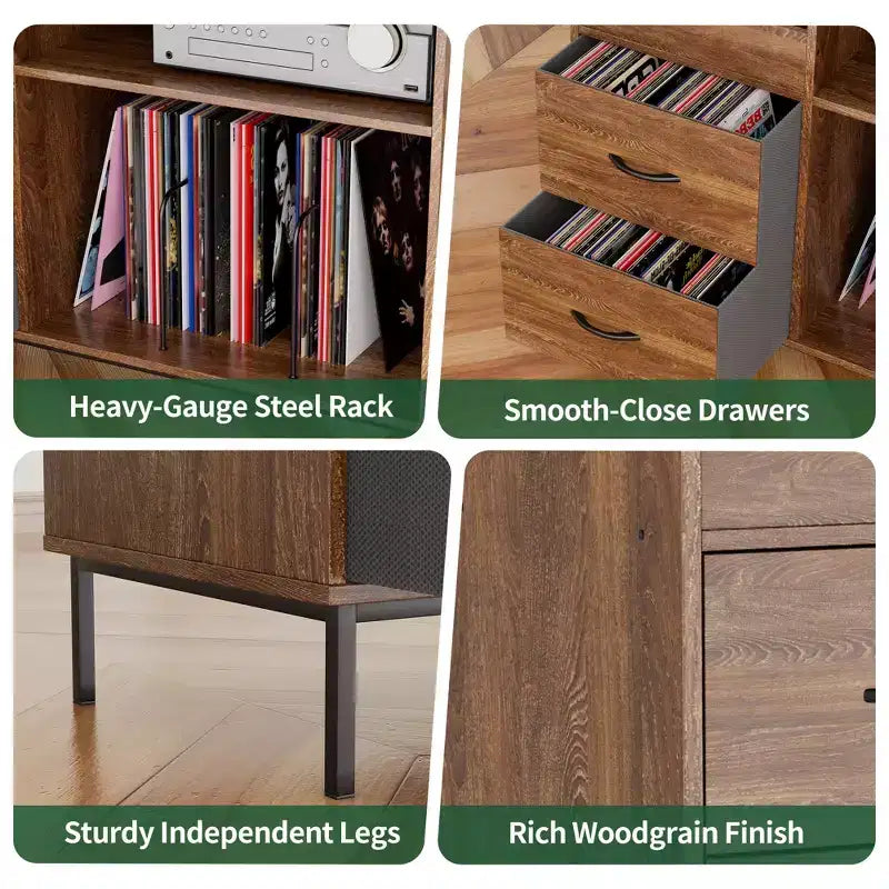 Étagère à disques réglable en hauteur JVNOXK de 70 cm, pouvant contenir plus de 350 vinyles, avec supports d'enceintes et 2 tiroirs, adaptée aux salons