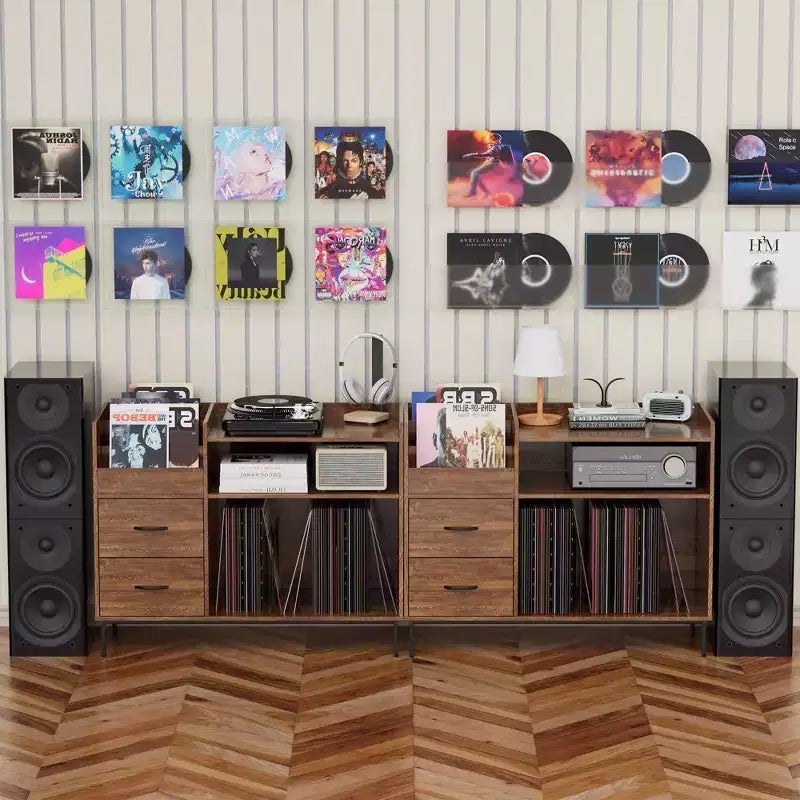 Étagère à disques réglable en hauteur JVNOXK de 70 cm, pouvant contenir plus de 350 vinyles, avec supports d'enceintes et 2 tiroirs, adaptée aux salons