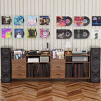 Étagère à disques réglable en hauteur JVNOXK de 70 cm, pouvant contenir plus de 350 vinyles, avec supports d'enceintes et 2 tiroirs, adaptée aux salons