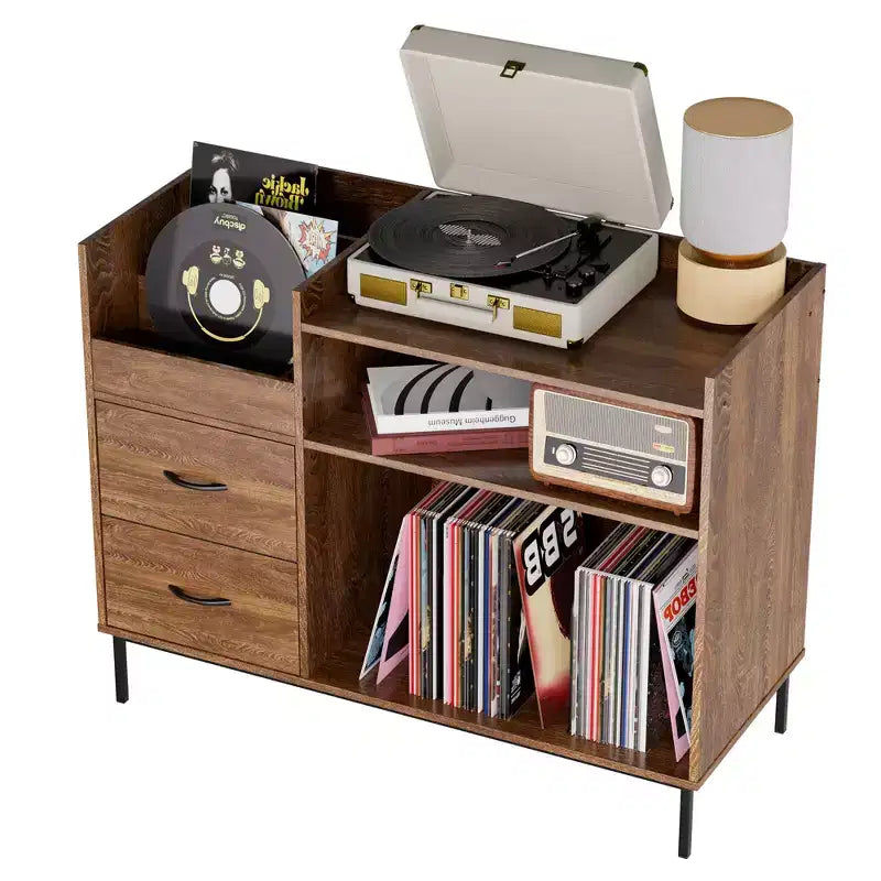 Étagère à disques réglable en hauteur JVNOXK de 70 cm, pouvant contenir plus de 350 vinyles, avec supports d'enceintes et 2 tiroirs, adaptée aux salons