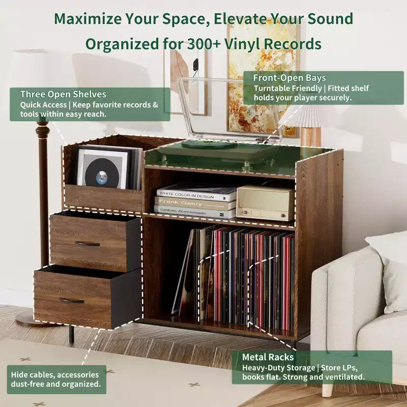 Étagère à disques réglable en hauteur JVNOXK de 70 cm, pouvant contenir plus de 350 vinyles, avec supports d'enceintes et 2 tiroirs, adaptée aux salons