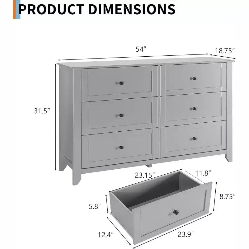 Commode à 6 tiroirs GustoWave, 137 cm de large, commode de rangement moderne pour chambre à coucher, organisateur à tiroirs profonds pour vêtements, salon, couloir