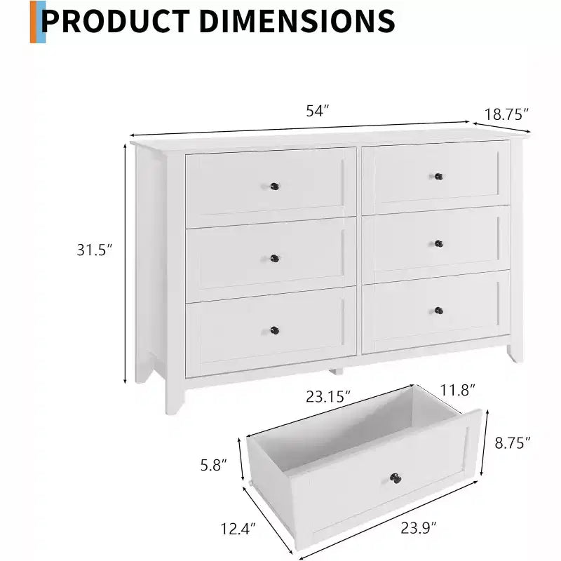 Commode à 6 tiroirs GustoWave, 137 cm de large, commode de rangement moderne pour chambre à coucher, organisateur à tiroirs profonds pour vêtements, salon, couloir