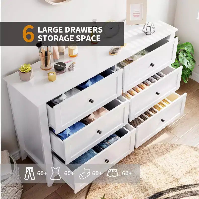 Commode à 6 tiroirs GustoWave, 137 cm de large, commode de rangement moderne pour chambre à coucher, organisateur à tiroirs profonds pour vêtements, salon, couloir