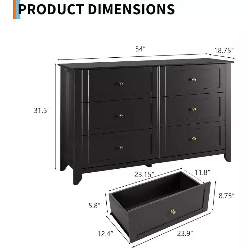 Commode à 6 tiroirs GustoWave, 137 cm de large, commode de rangement moderne pour chambre à coucher, organisateur à tiroirs profonds pour vêtements, salon, couloir