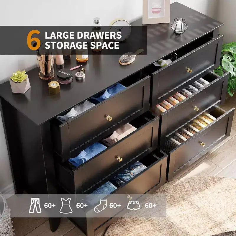 Commode à 6 tiroirs GustoWave, 137 cm de large, commode de rangement moderne pour chambre à coucher, organisateur à tiroirs profonds pour vêtements, salon, couloir