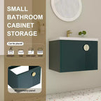 Meuble-lavabo de salle de bain avec évier en céramique blanche, meuble-lavabo mural flottant et ensemble lavabo avec porte à fermeture amortie.