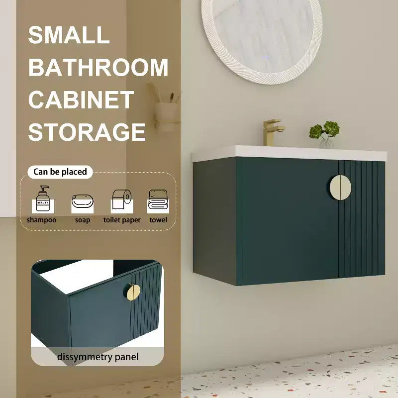 Meuble-lavabo de salle de bain avec évier en céramique blanche, meuble-lavabo mural flottant et ensemble lavabo avec porte à fermeture amortie.