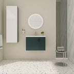 Meuble-lavabo de salle de bain avec évier en céramique blanche, meuble-lavabo mural flottant et ensemble lavabo avec porte à fermeture amortie.