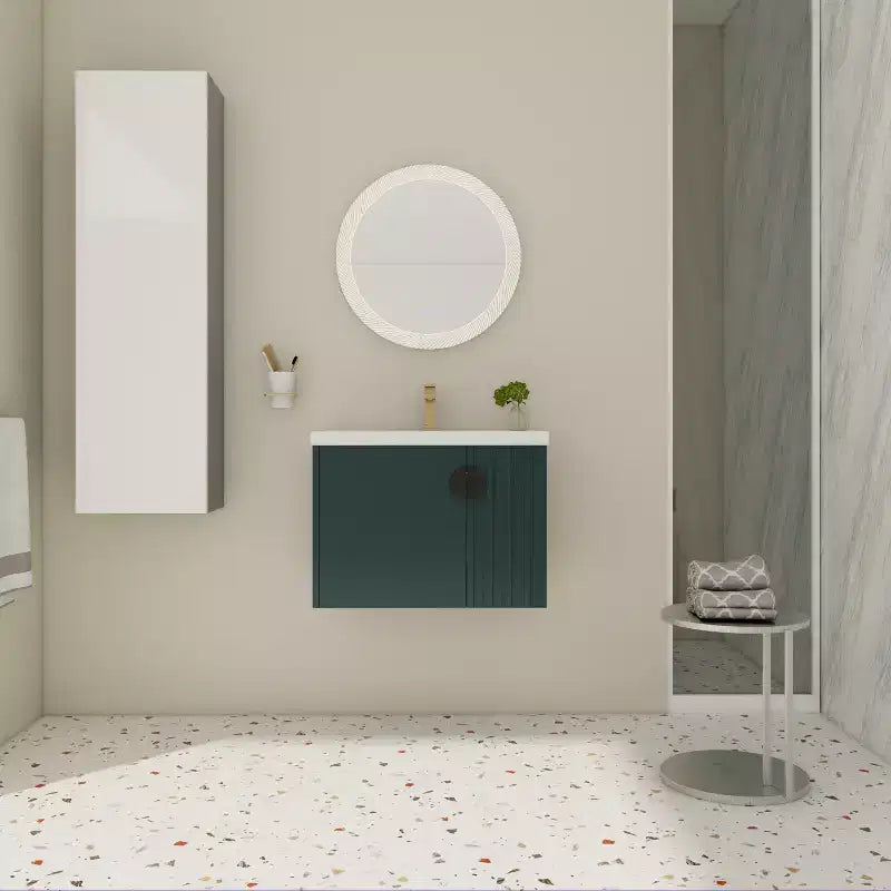 Meuble-lavabo de salle de bain avec évier en céramique blanche, meuble-lavabo mural flottant et ensemble lavabo avec porte à fermeture amortie.