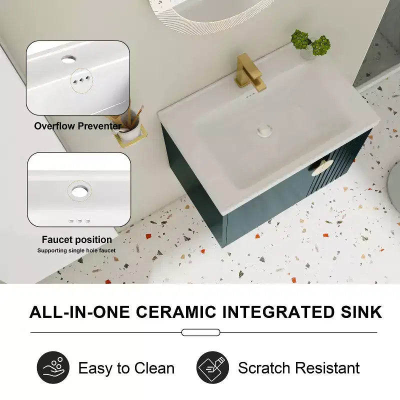 Meuble-lavabo de salle de bain avec évier en céramique blanche, meuble-lavabo mural flottant et ensemble lavabo avec porte à fermeture amortie.