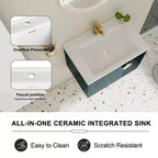 Meuble-lavabo de salle de bain avec évier en céramique blanche, meuble-lavabo mural flottant et ensemble lavabo avec porte à fermeture amortie.