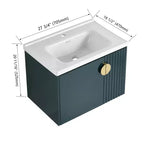 Meuble-lavabo de salle de bain avec évier en céramique blanche, meuble-lavabo mural flottant et ensemble lavabo avec porte à fermeture amortie.