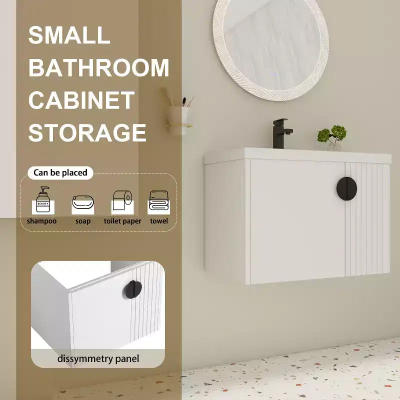 Meuble-lavabo de salle de bain avec évier en céramique blanche, meuble-lavabo mural flottant et ensemble lavabo avec porte à fermeture amortie.